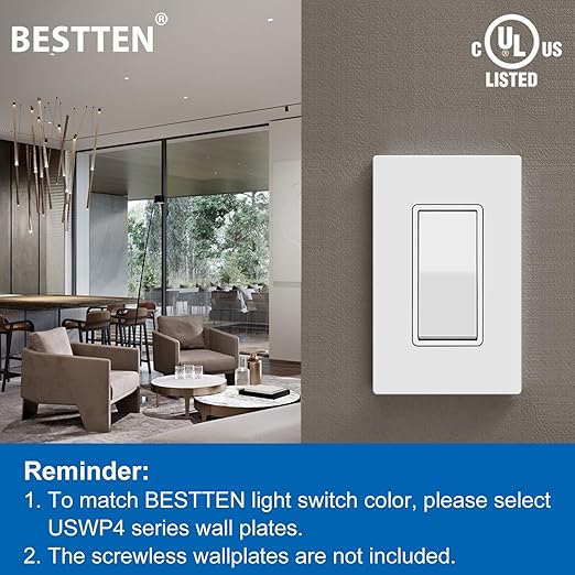 BESTTEN 10 Pack 3-Way Decorator Light Switch, 15A 120/277V, Single Pole or Three Way, Rocker Paddle Wall Switch, On/Off Rocker Interrupter, UL Listed, White
