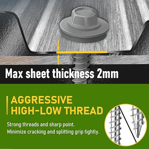 #10 x 2 Inch, 100 Pcs Hex Head Metal Roofing Screws, Zinc Plated Sharp Point Sheet Metal Roof Screw with Rubber Washer, Self Tapping Metal to Wood Siding Screws, Hex Socket Included
