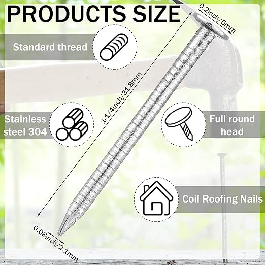 Tandefio 2 Pounds 1-1/4 Inch Roofing Nails 304 Stainless Steel Roofing Felt Nails Flat Head Hardware for Shingles, Cedar Wood, Decking, Wall