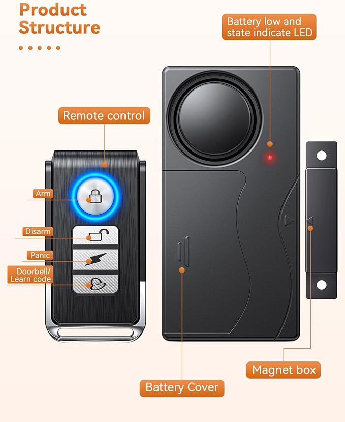WSDCAM 110dB Door Alarm with Remote, Wireless Anti-Theft When Opened, Door Bells Chimes, Magnetic Security Alarms for Door, Window, Cabinet, Pool Safety for Kids, Alzheimer's Care Black