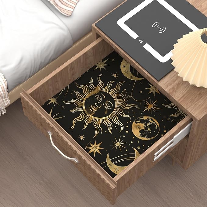 Laatse Black Peel and Stick Removable Vintage Wallpaper Gold Celestial Sun Moon Star Contact Paper 17.5" x 393" Dark Boho Mural Waterproof for Wall Bedroom Kitchen Bathroom Cabinet Room Decor