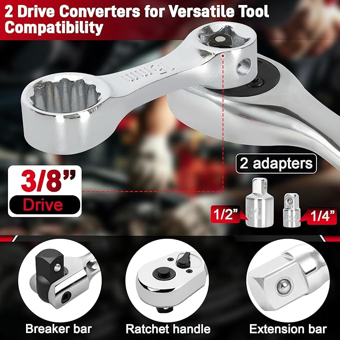 12PCS Metric Torque Adapter Set, 10–19mm Torque Wrench Extension Adapter, 3/8" Drive, 12 Point Box End Torque Wrench Adapter Set, Chromium Vanadium Steel with 1/2" & 1/4" Adapters