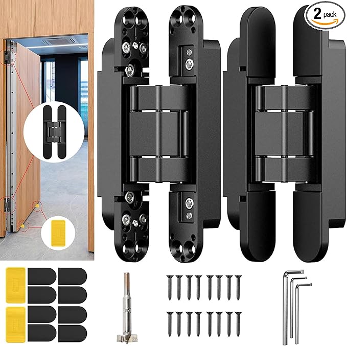 7" Hidden Door Hinge/Concealed Hinges,Invisible Hinges,Invisible Door Silent 180 Degree Swing Hinge 3-Way Adjustable Butt 7 x 2.8 x 1 (Black, 7 inches)