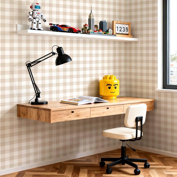 Plaid Wallpaper Peel and Stick, Beige, 17.7"x197" | Self Adhesive, Vinyl, Removable, Boho Contact Paper, Checkered Wall Paper for Bedroom, Living Room, Bathroom
