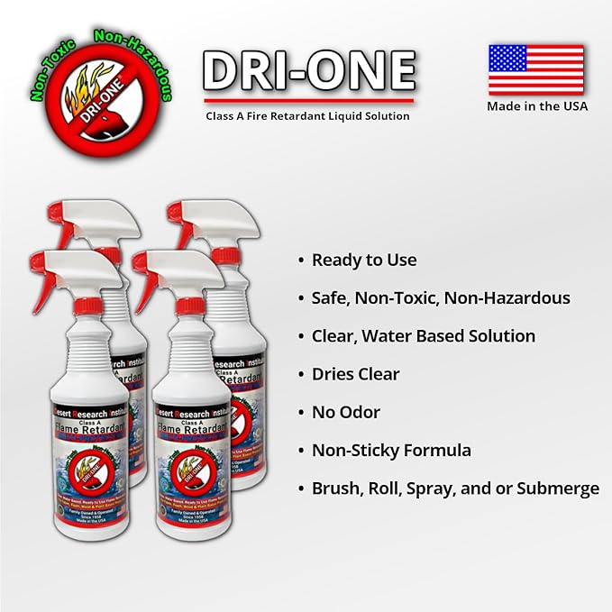 Fire Retardant Spray Liquid Solution (Class A for Natural Textiles, Raw Wood, Absorbent Materials & More) Eco-Safe, Non Toxic, C.A.C. Title-19, 4 Pack of One Quart with One Sprayer each-128 oz