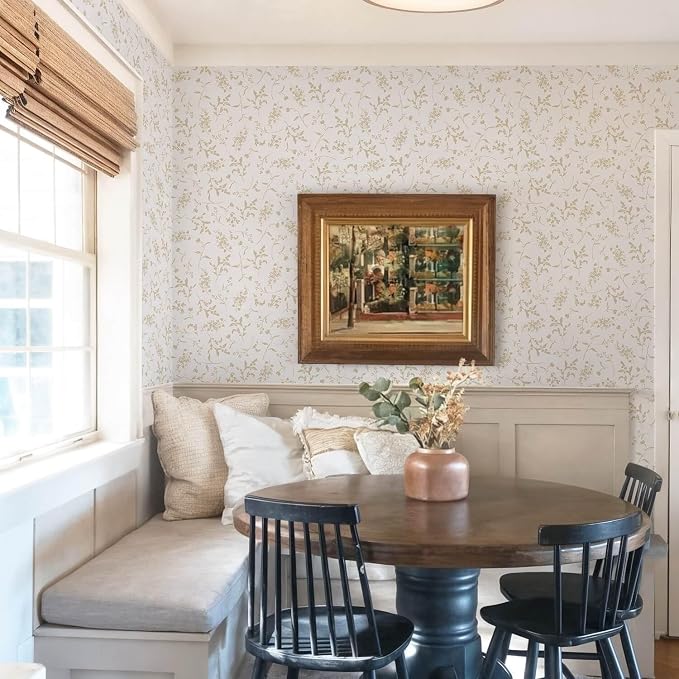 Ismoon Floral Wallpaper Peel and Stick Beige Neutral Contact Paper Wildflowers Leaf Stick on Wall Paper Textured Removable Self Adhesive Vinyl Wallpaper for Bedroom Bahtroom Wall Decor 17.3x196in