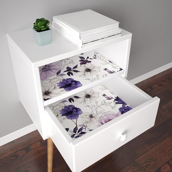Floral Botanical Peel and Stick Wallpaper 17.5" x 118",White/Purpel | Self Adhesive/Removable/Waterproof/Thick Vinyl Contact Paper for Bathroom Bedroom Shelf Cabinet Drawer,Prepasted,Easy Peel