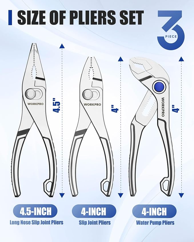 WORKPRO 3-Piece Mini Pliers Set with Pouch, Pocket Pliers, EDC Tool Gift | 4-Inch Slip Joint Pliers, 4-Inch Water Pump Pliers, 4.5-Inch Long Nose Slip Joint Pliers, Alloy Steel, Anti-Rust Coating
