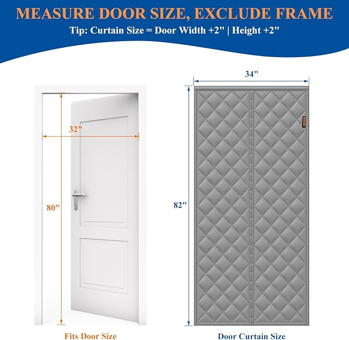 MAGZO Magnetic Thermal Insulated Door Curtain, Fits 32" x 80" Door, Gray | Curtain Size 34'' x 82'', Waterproof Oxford Filled Cotton, Insulate Ventilate Doors, Prevent Cold or Hot Air from Entering