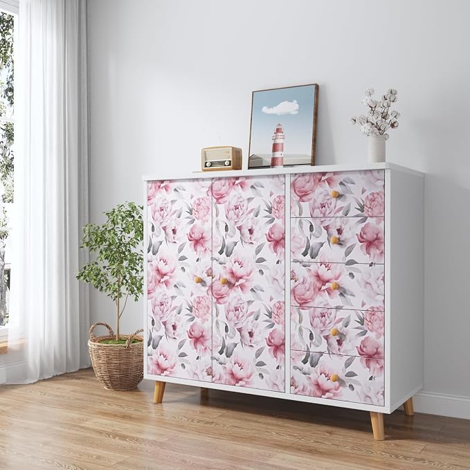 Light Large Floral Peel and Stick Wallpaper 17.5" x 393",Pink/White | Self Adhesive/Removable/Waterproof/Thick Vinyl Contact Paper for Bathroom Bedroom Shelf Cabinet Drawer,Prepasted,Easy Peel