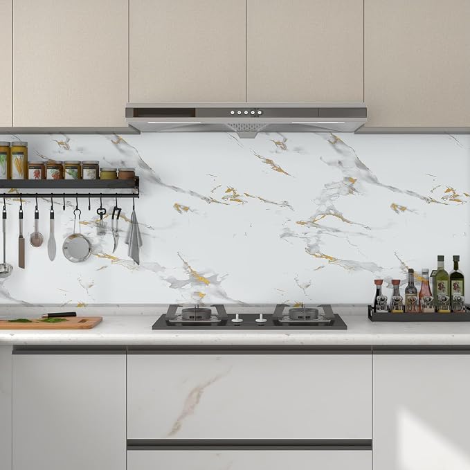 practicalWs Glossy Marble Wallpaper Peel and Stick White/Gold Granite Contact Paper Removable Wall Paper for Kitchen Countertop Cabinet Furniture 11.8" x 78.7"
