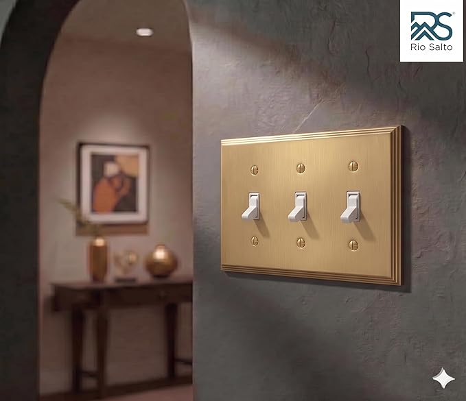 Rio Salto BRASS Toggle Light Switch Cover Plate 3-Gang Toggle Switch Plate Brushed Gold Metal Outlet Covers Decorative Wall Plate — Deco Collection 6.33" X 4.50"
