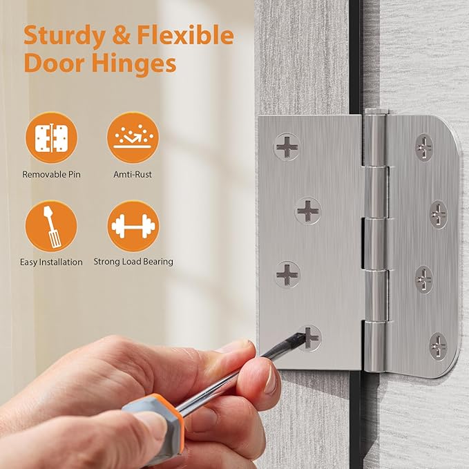 3 Pack Brushed Nickel Door Hinges, 4 Inch Exterior Door Hinges with Square & 5/8" Radius, 4 in Satin Nickel Heavy Duty Residential Front and Back, Removable Pin & No Squeaks