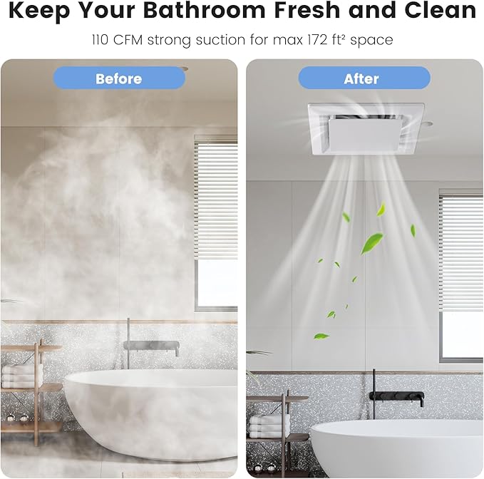 Bathroom Exhaust Fan for Ceiling Mount, 11.8" Household Bath Vent Ventilation Fans with 1.0 Sones Quiet Operation, 110 CFM with 4" Duct Collar, 26W Low Consumption