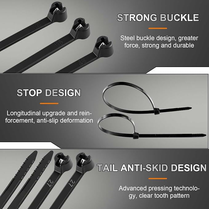 Blulu 500 Pcs 7 Inch Cable Zip Ties with Metal Tooth Stainless Steel Locking Device, Black Nylon Cable Ties, 50 Lbs Tensile Strength, UV Resistant Wire Wraps Multi Purpose for Indoor Outdoor Use