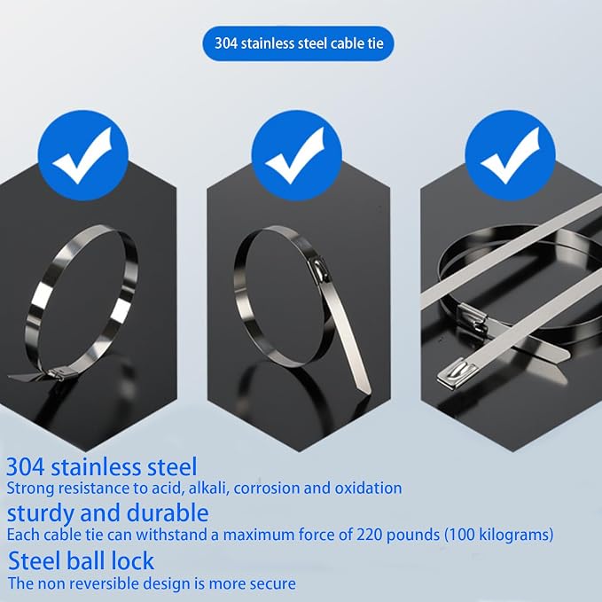 11.8in heavy-duty metal cable ties, 300 piece metal cable tie gun set, 304 stainless steel, multi-functional self-locking cable tie tool set, suitable for outdoor fencing, farms, and pipe bundling