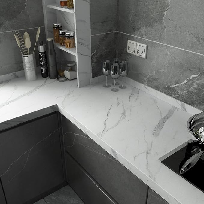 Large White Marble Contact Paper for Countertops Cabinets 31x354 inch Marble Peel and Stick Wallpaper Waterproof Removable Self-Adhesive Marble Vinyl Wrap for Kitchen Bathroom Wall Covers