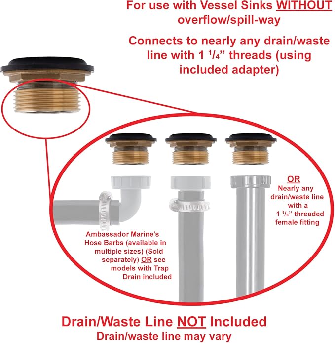 Ambassador Marine - 1-1/2 inch Drain, Flip Drain - no Overflow, Straight, 1-1/4 inch-M Thread Adapter - Brushed Nickel - S01-0304-NP-W