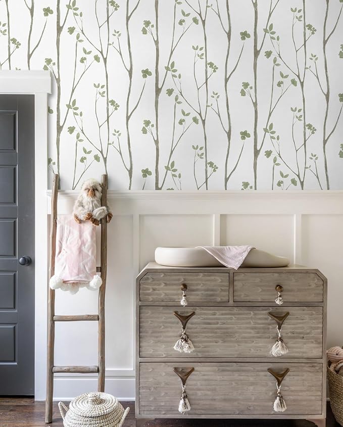 Timeet Peel and Stick Wallpaper Green Leaf Wall Paper Boho Floral Contact Paper Self Adhesive Removable Eco-Friendly Decoral for Bedroom Bathroom Vinyl Film 16.14"x78.7"