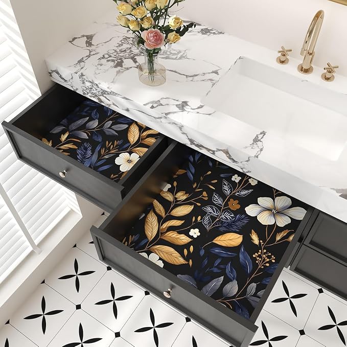 Vintage Dark Blue Gold Floral Peel and Stick Wallpaper 17.5"x787" | Self Adhesive/Removable/Waterproof/Thick Vinyl Extra Long Contact Paper for Bathroom Bedroom Shelf Cabinet Drawer,Prepasted