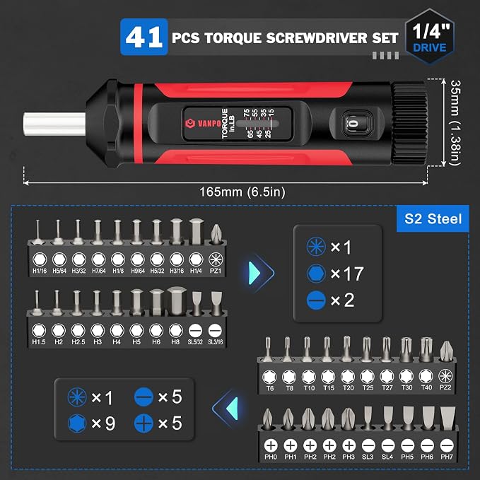 VANPO Torque Screwdriver 15-75 in-lb, 1/4" Drive Precision Driver Set | Inch Pounds Torque Wrench, 40 S2 Steel Bits for Gunsmithing, Bike Repair, Scope Mounting, Maintenance, DIY