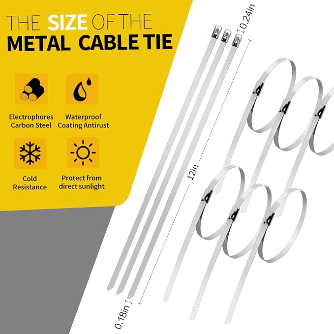 106PCS Heavy Duty 304 Stainless Steel Cable Tie Gun Kit, Includes 100PCS 11.8 Inch Metal Zip Ties, Self-Locking, UV & Corrosion Resistant, for Fence, Exhaust Pipe, Chicken Coop, Farm Use