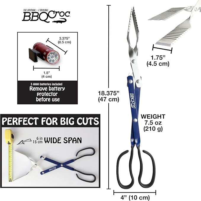 BBQ Croc 3 in 1 Barbecue Tool 18-inch - Extra Light and Long Tongs, Spatula and Grill Scraper (Blue) (18 inch with Flashlight)