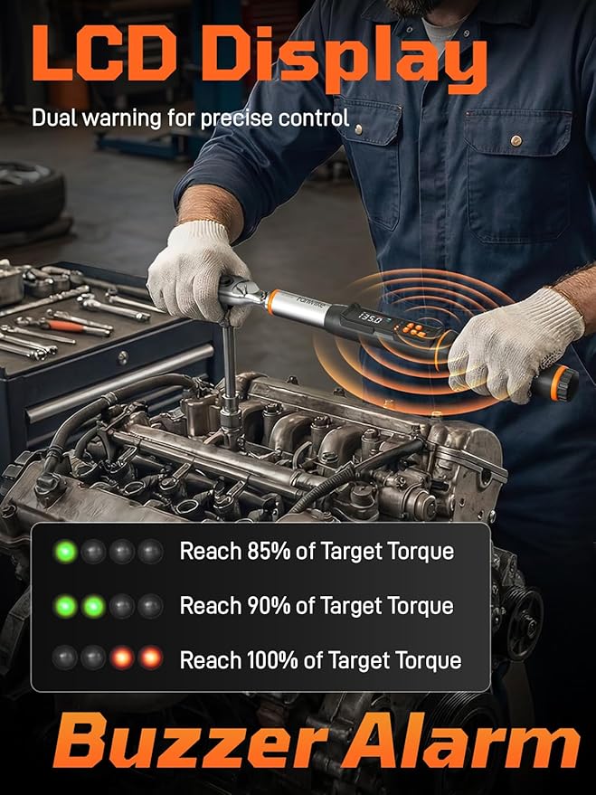 3/8" Drive Digital Torque Wrench, 5.02-99.57 Ft.lb/6.8-135 Nm, Inch Pound Torque Wrench Electronic with Buzzer & Colorful LED Indicator, Torque Wrench Set for Cars Automotive Motorcycle