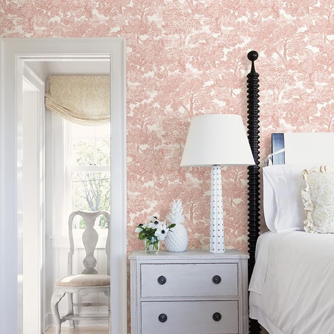 Chesapeake, Spinney Rose Toile Wallpaper, Roe, Classic, Pre-Pasted, 20.5-in x 33-ft