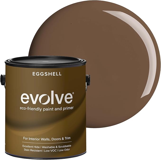 EVOLVE Interior Paint & Primer, Eggshell (Bark Brown), 1 Gallon – One-Coat Coverage, Excellent Hide, Low VOC, Low Odor, Washable Paint for Walls, Doors & Trim