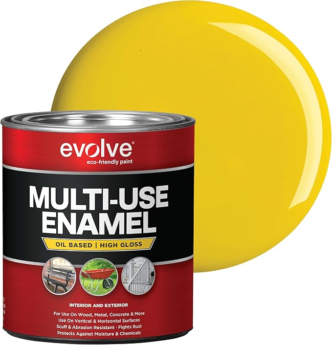 EVOLVE Multi-Purpose Alkyd Enamel – Interior Exterior Oil-Based Paint for Wood, Metal, Concrete, & Masonry, High-Gloss, Rust & Abrasion Resistant (Safety Yellow, 1 Quart)