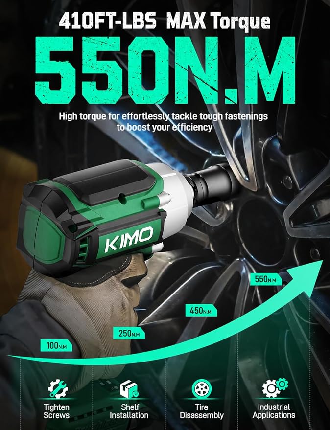 KIMO Impact Wrench 1/2 Cordless, Impact Gun for Car Tire, 20V Impact Driver | 550N.m (410ft-lbs), 4000RPM/3500IPM , 4 Sockets, 9-Piece Drill& Driver Set, Safety Lock, Variable Modes, 2 x 4000mAh Battery
