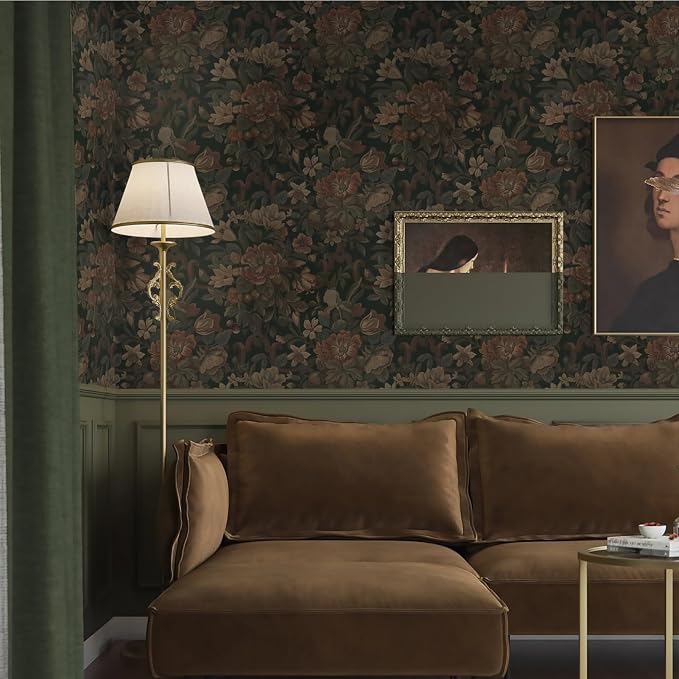 Dimoon Vintage Peel and Stick Wallpaper Dark Green Floral Wall Paper 16.1"x78.7" Retro Victorian Moody Wallpaper Renter Friendly Dark Floral Gothic Contact Paper for Bedroom Shelf Liner Vinyl Roll