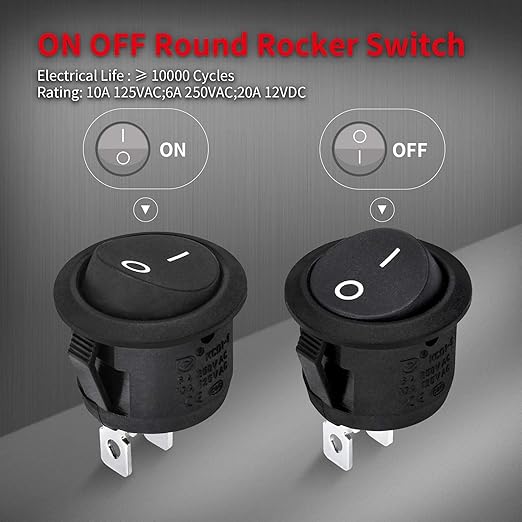 DaierTek UL Listed ON Off Round Rocker Switches SPST 20mm Mini 12 Volt DC Mini Circle Toggle Switch 12V for Car Automotive RV 2 Pin Switch 120V Wired KCD1-5Pack