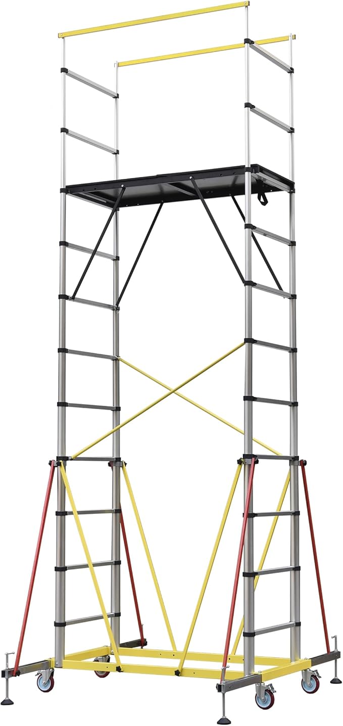 APARECIUM 14‘ Aluminum Scaffold Tower, Multipurpose Rolling Scaffolding Work Platform, Utility Scaffolding Tower, Adjustable Work Platform with Hatch Deck and Guard Rail, 500 Lbs Duty Rate