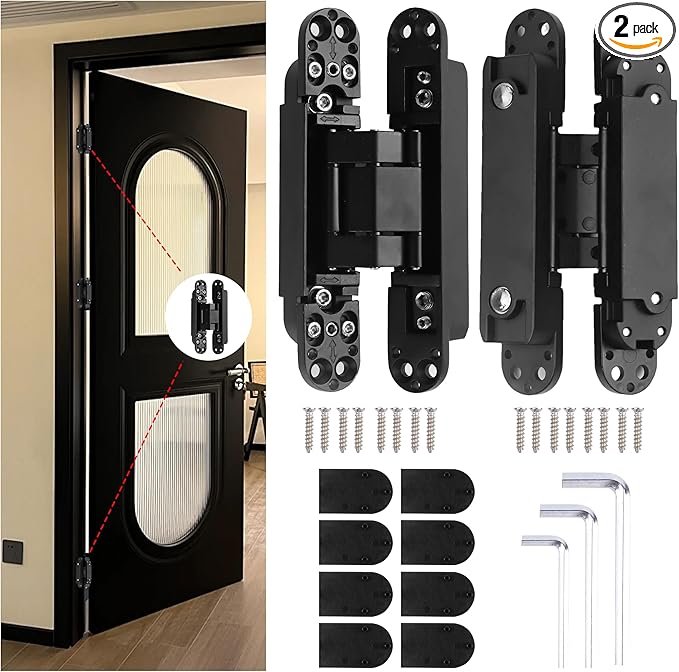 6" Hidden Hinges for Doors Invisible Hinge Concealed Hinges Zinc Alloy 180 Degree Swing Hinge 3 Way Adjustable Butt Silent Door Hinges 6 x 2.5 x 1 inch (Black Pack of 2)