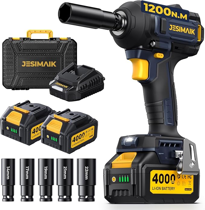JESIMAIK Cordless Impact Wrench 1200N (900Ft-lbs) 1/2'' High Torque Impact Wrench with 2×4.0Ah Batteries, Impact Gun with 4impact modes & 5 Sockets & Case for Car, Truck, Mower