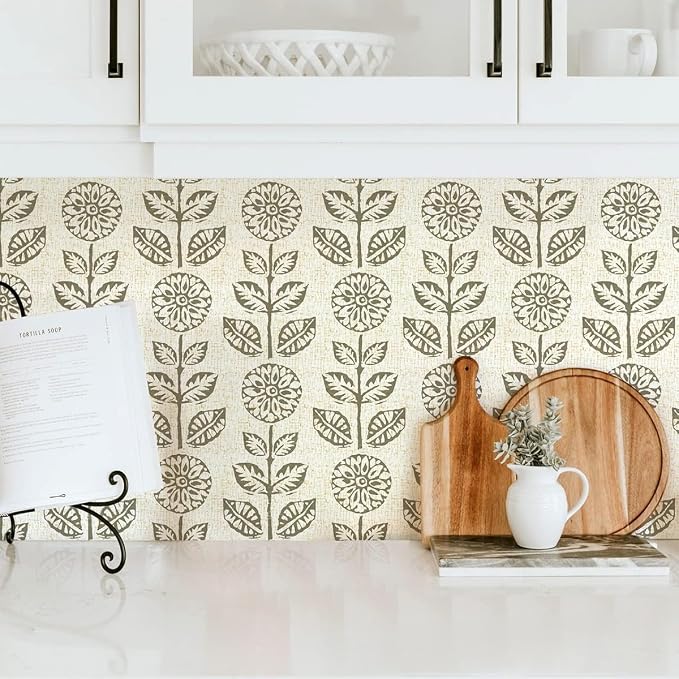 Wudnaye Floral Peel and Stick Wallpaper Vintage Tulip Floral Wallpaper 17.7in×590.4in Flower Farmhouse Contact Paper Peel and Stick Neutral Self Adhesive Removable Vinyl Wall Paper for Kitchen Bedroom