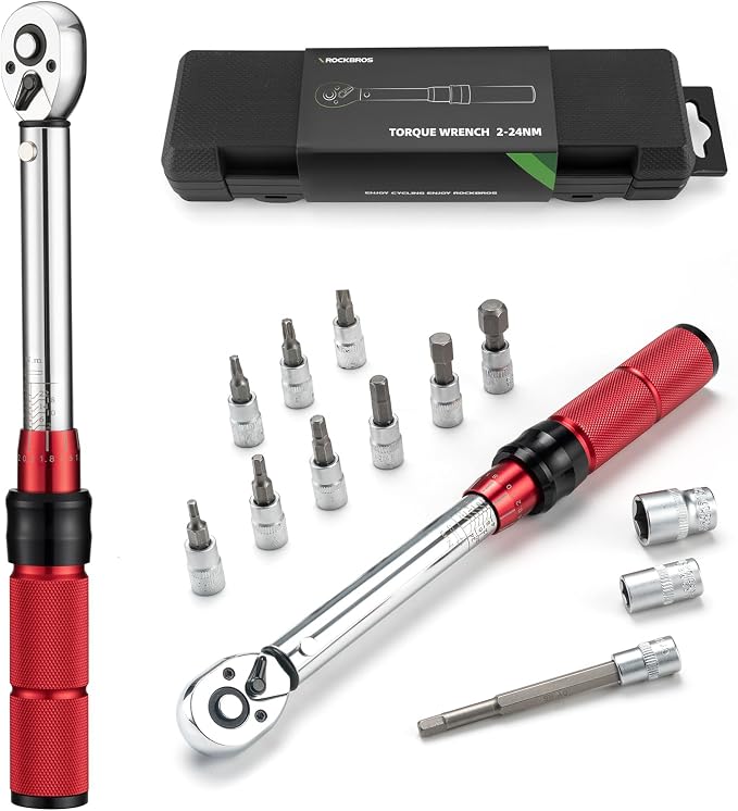 ROCKBROS Bike Torque Wrench 1/4 Inch 13-Piece Kit | 72-Tooth Gear, 2 to 24 Nm / 17.7~212.42 in-lb, Dual-Direction Click Type, 0.2 Nm/0.5° Micro-Adjustment Bike,E-Bike,Motorcycle