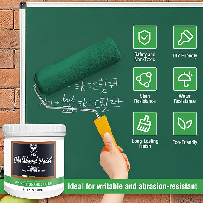 YOA Chalkboard paint, Green Matte, Acrylic Material, Non-toxic, 255g/9oz Cover 35 sp.ft, Suitable for Wood, Metal, Glass, Wall, Gypsum Board, Signs, Frames or any Surface, Interior/Exterior
