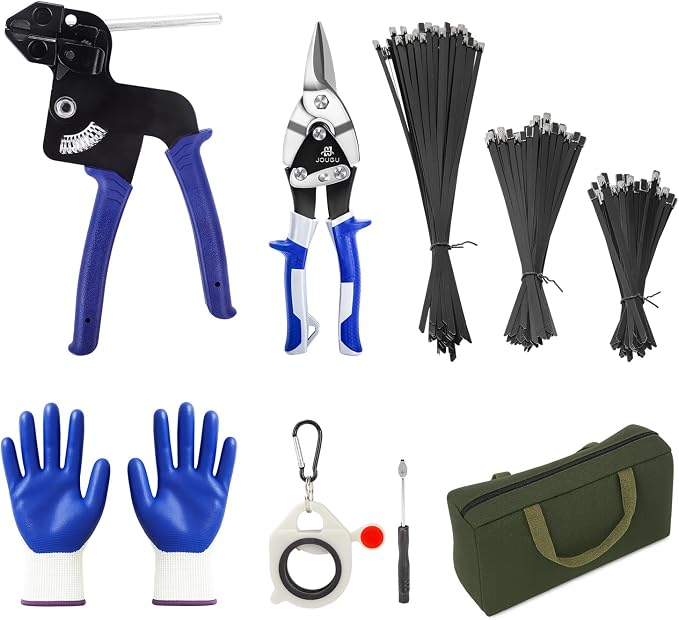 Metal Zip Ties Cutter Stainless Steel Cable Tie Gun Kit Assortment With 150pcs Black Stainless Steel Zip Ties Heavy Duty Outdoor For Chain Link Fence Parts Exhaust Wrap
