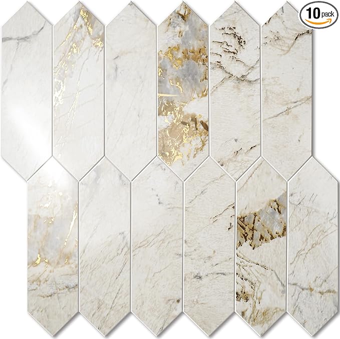 Vamos Tile Glossy Pandora Marble with Gold Veining Backsplash Tile Peel and Stick, 12.8 x 12.8 Inch 10 Sheets Long Hexagon PVC Self Adhesive Mosaic Tiles Stick on Backsplash for Kitchen and Bathroom