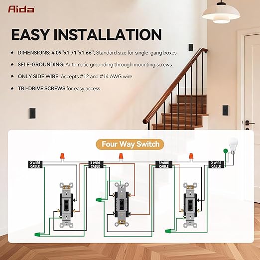 AIDA 10 Pack 4 Way Toggle Light Switch, 15 Amp, 120 Volt, Toggle Framed AC Quiet Switch, in Wall On/Off Switch Replacement, Self-Grounding, Residential and Commercial Grade, UL,Glossy Black