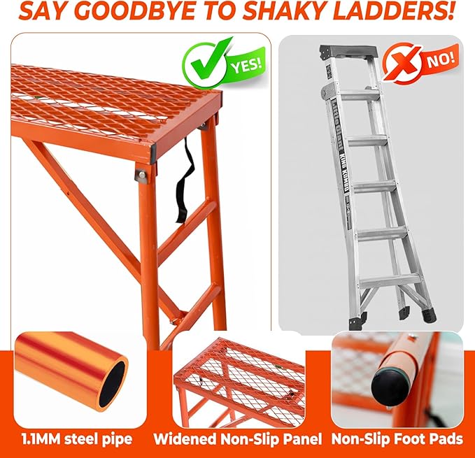 70" Folding Scaffolding Platform, 770lbs Heavy Duty Portable Work Platform with Adjustable Legs for Stairs & Uneven Ground, Multi-Purpose Scaffold Ladder, Welding Table, Red