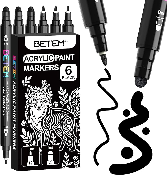 Betem 6 Black Dual Tip Acrylic Paint Markers, Fabric Decorating Kits Premium Water-Based Acrylic Paint Pens Art Supplies for Fabric, Rock, Wood, Glass, Canvas, Ceramic, Teacher Appreciation Gift