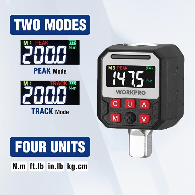 WORKPRO 1/2" Drive Digital Torque Adapter, 7.38-147.5 ft-lb (10-200 Nm), Electronic Torque Wrench Adapter with Buzzer Alert, 1/4" & 3/8" Adapters, Batteries & Case Included