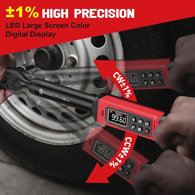 3/8" Digital Torque Wrench, 1.5-99.6Ft.Lb, for Cars, Moto, Bikes | ±1% Accuracy, 2-135Nm Electronic Torque Wrench, Vibration/Buzzer/LED, 9 Presets & 5 Units, Spark Plugs, Engine & Suspension