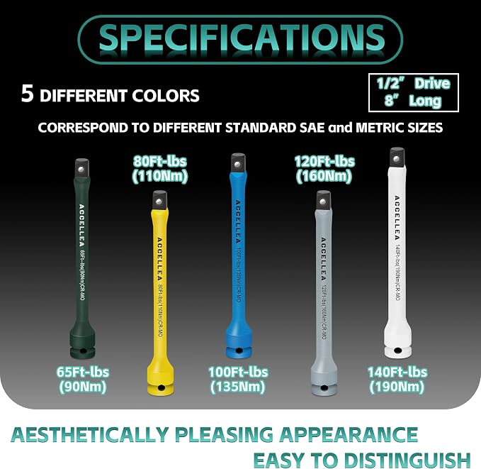 5Pcs Torque Limiting Extension Set 1/2" Drive 65-140 Ft-Lbs Torque Sticks | 8" Long Industrial Grade CR-MO Steel, Color-Coded Impact Socket Extension Bar Set, SAE Standard for Lug Nuts, Tire Repair