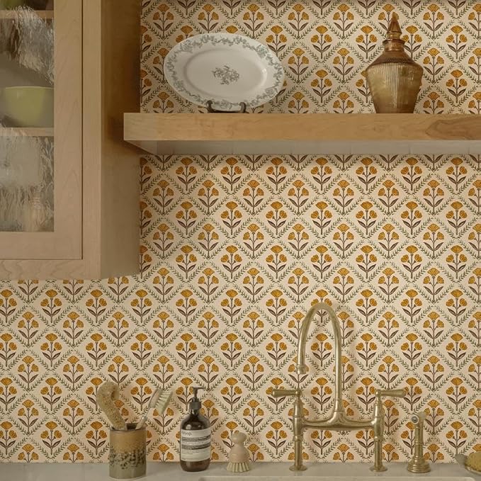 Dimoon 17.3''x197'' Peel and Stick Wallpaper Floral Cute Contact Paper Vintage Village Country Cottage Wallpaper Farmhouse Yellow Beige Renter Friendly Geometry Waterproof Embossed Kitchen Bedroom