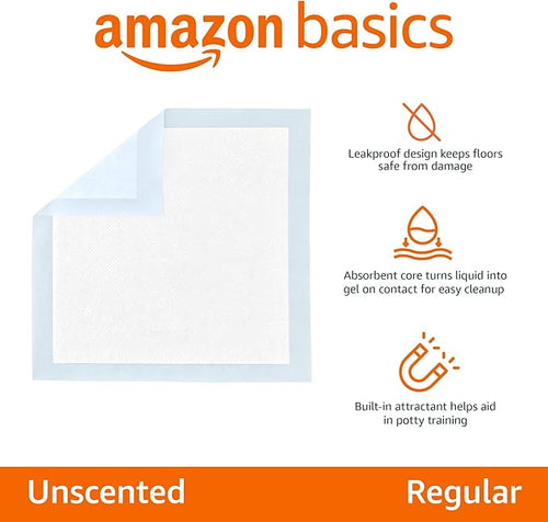 Amazon Basics Disposable Dog Training Pads with 5-Layer Leak-Proof Design, Quick-Dry Surface, Regular, 22 x 22 Inches, 30-Pack